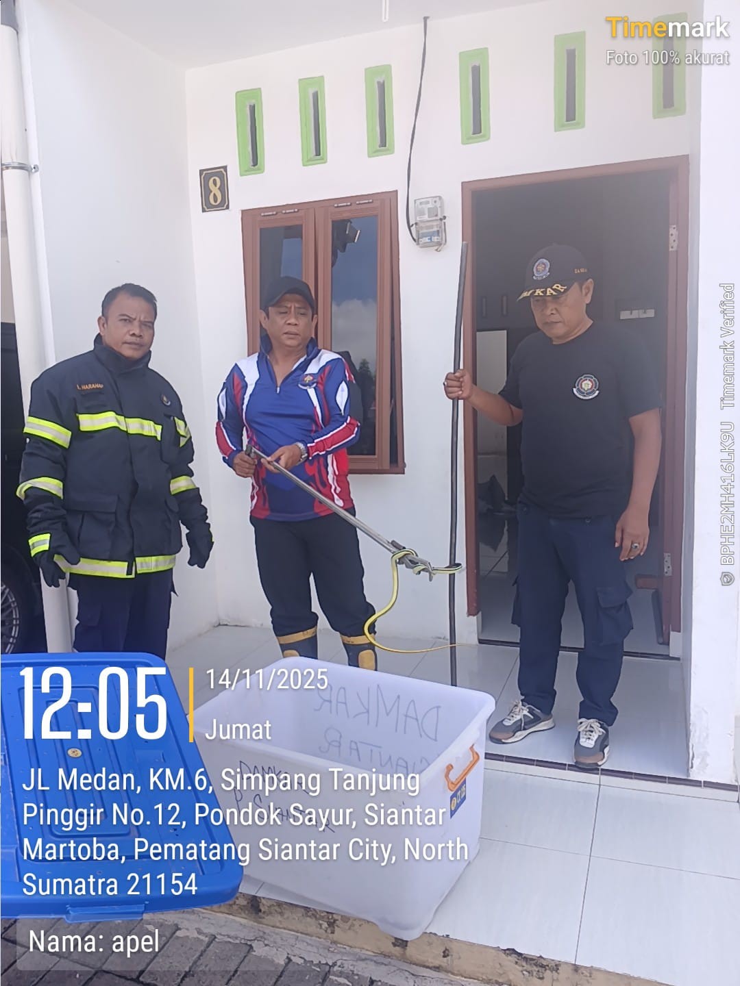 Personil Dinas Pemadam Kebakaran dan Penyelamatan berhasil mengevakuasi seekor ular di  rumah warga 